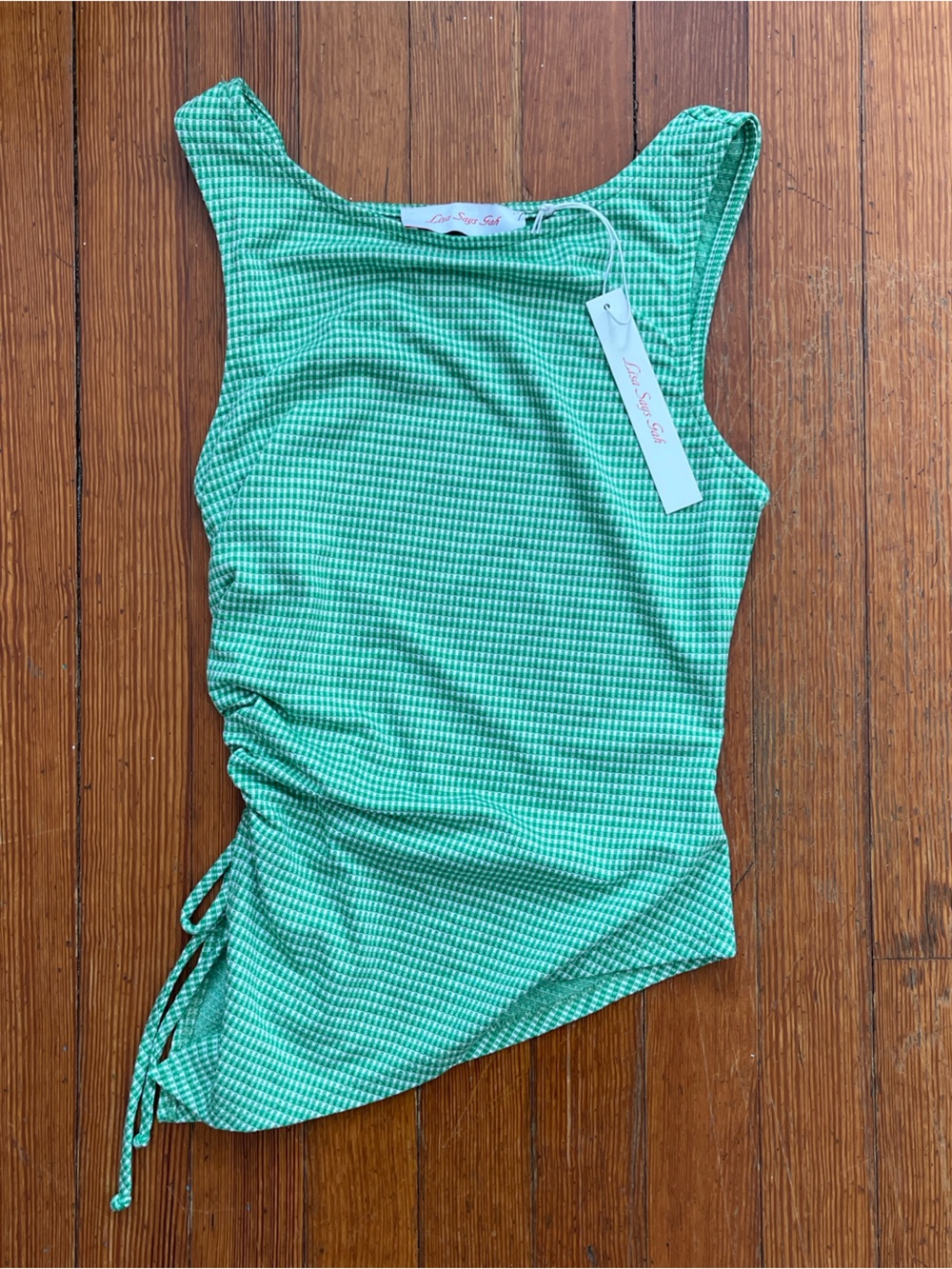 NWT Lisa Says Gah Erin Tank in Pesto Gingham Checkered Print Mint White Green - Picture 6 of 8